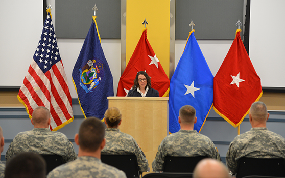 Howe addresses the Maine Army National Guard at the ribbon cutting ceremony for its new Aviation Readiness Center