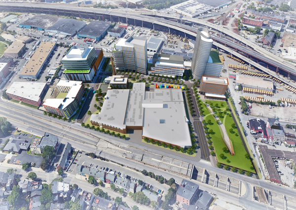 Aerial view rendering of Hood Park Master Plan in Charlestown