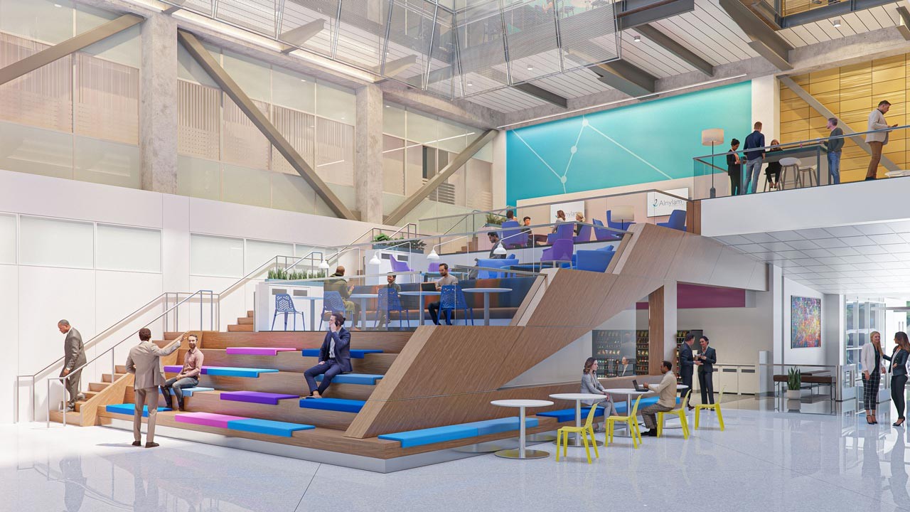Rendering of life science company lobby with breakout areas and choice seating