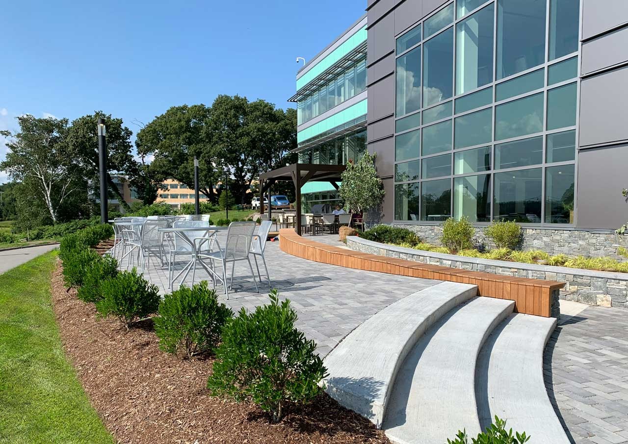 Outdoor patio at corporate offices of Cambridge Savings Bank