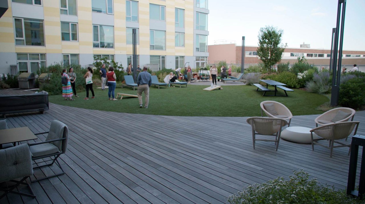 Curved deck and lawn at the Harvey Green Roof Terrace at Hood Park