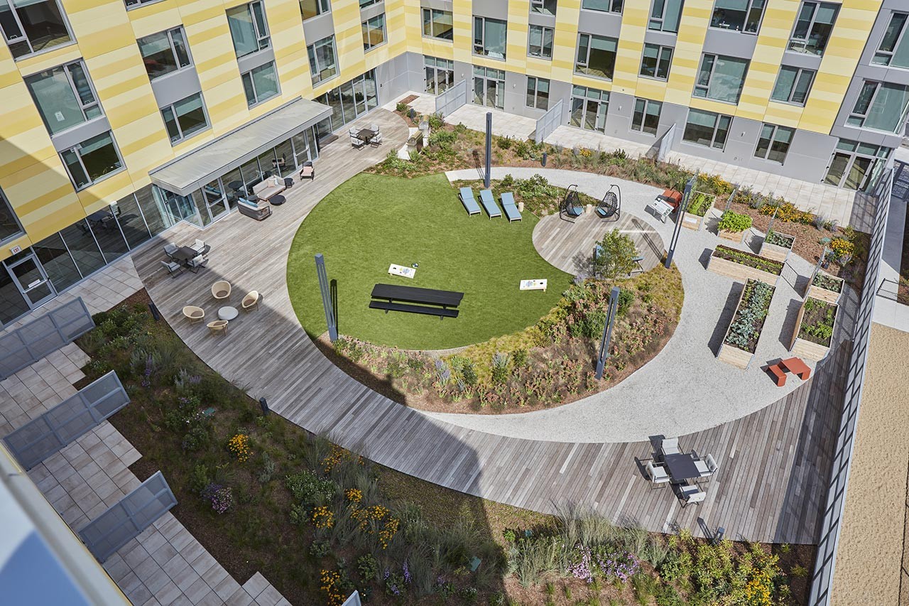 Overhead view of green roof terrace at the Harvey residential building in Charlestown, MA