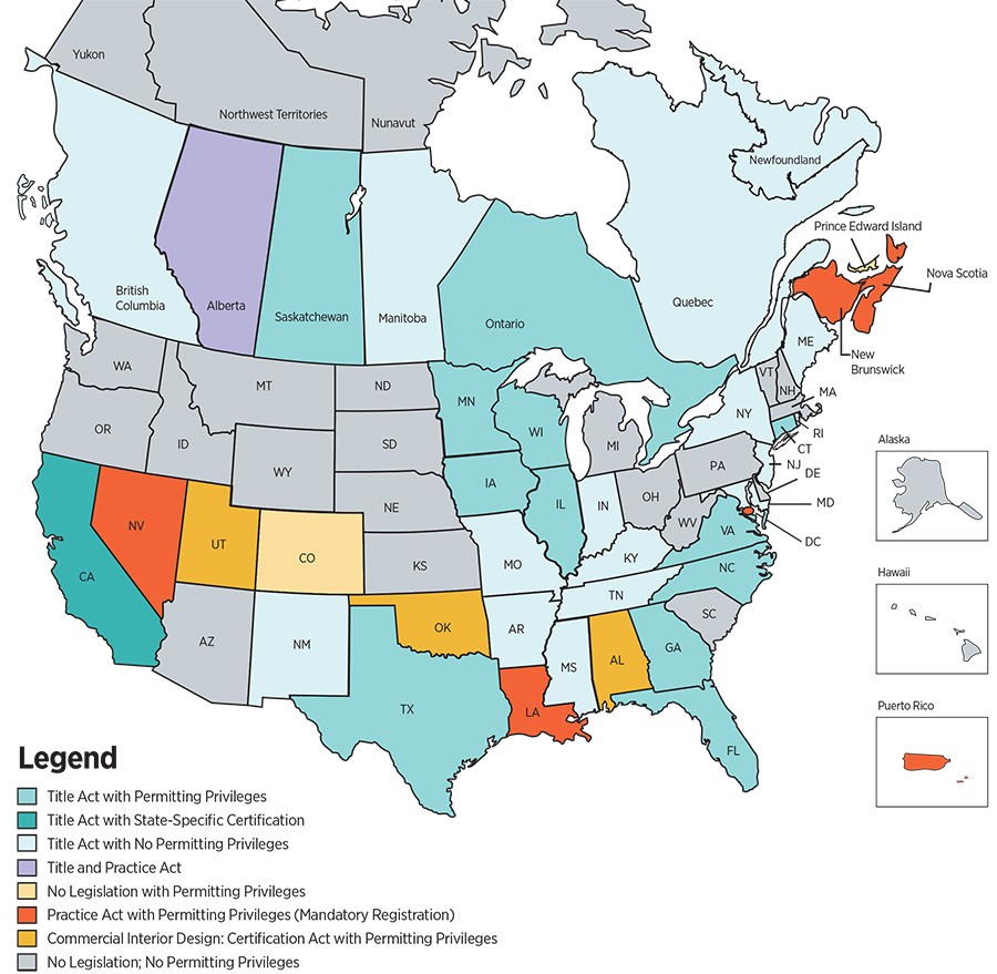 Map showing status of licensure in the interior design profession in US and Canada