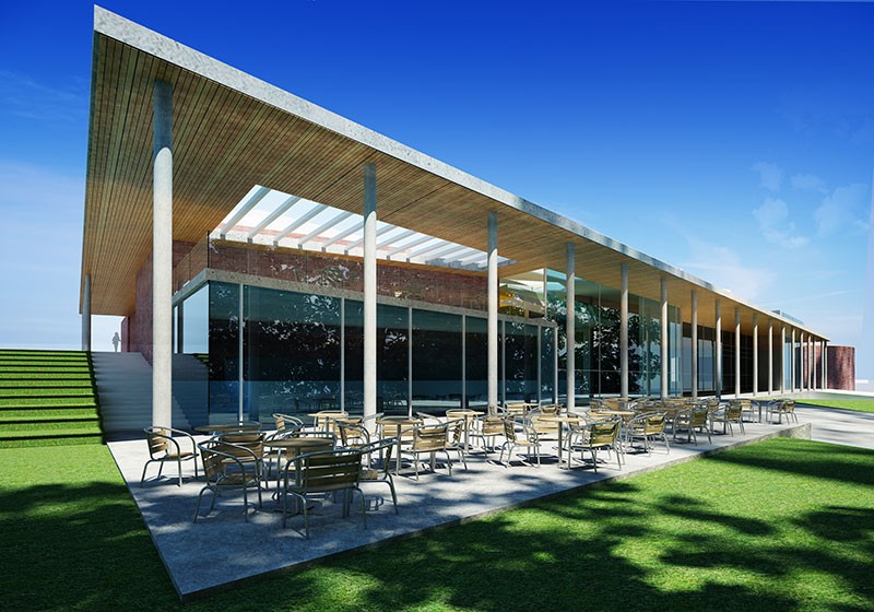 3D rendering of outdoor dining porch at a university campus