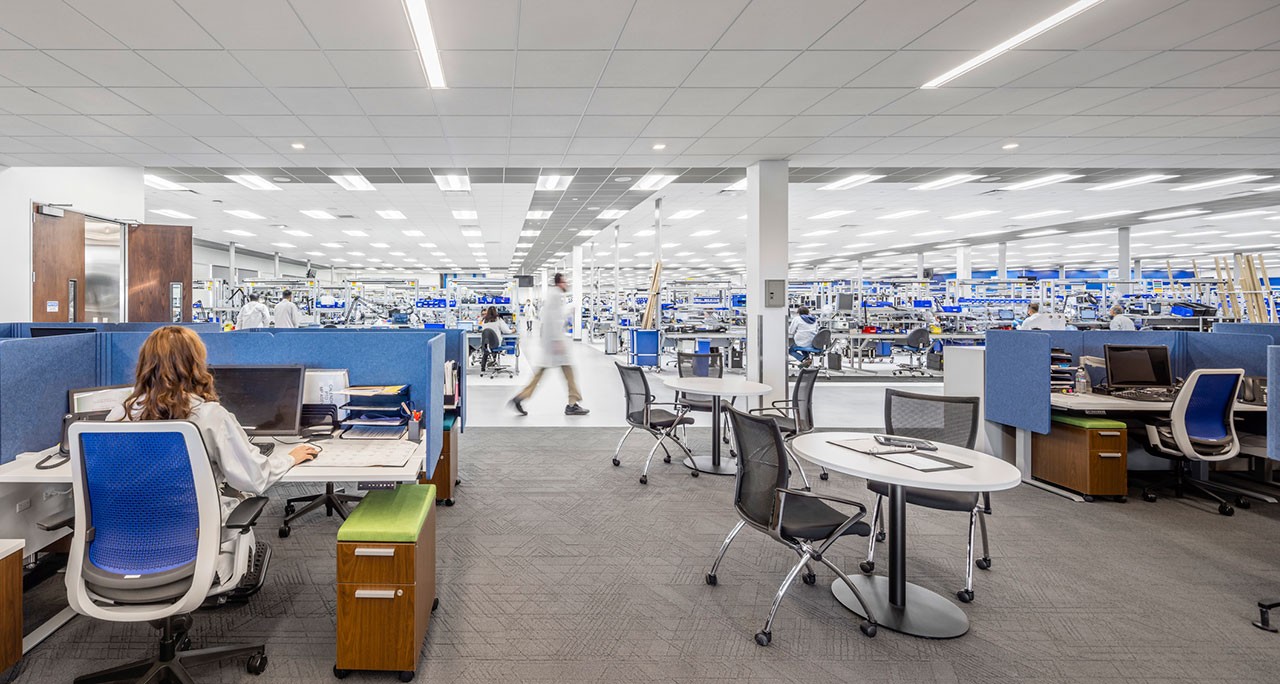 Equitable workspace with open office and technical spaces together at Olympus San Jose
