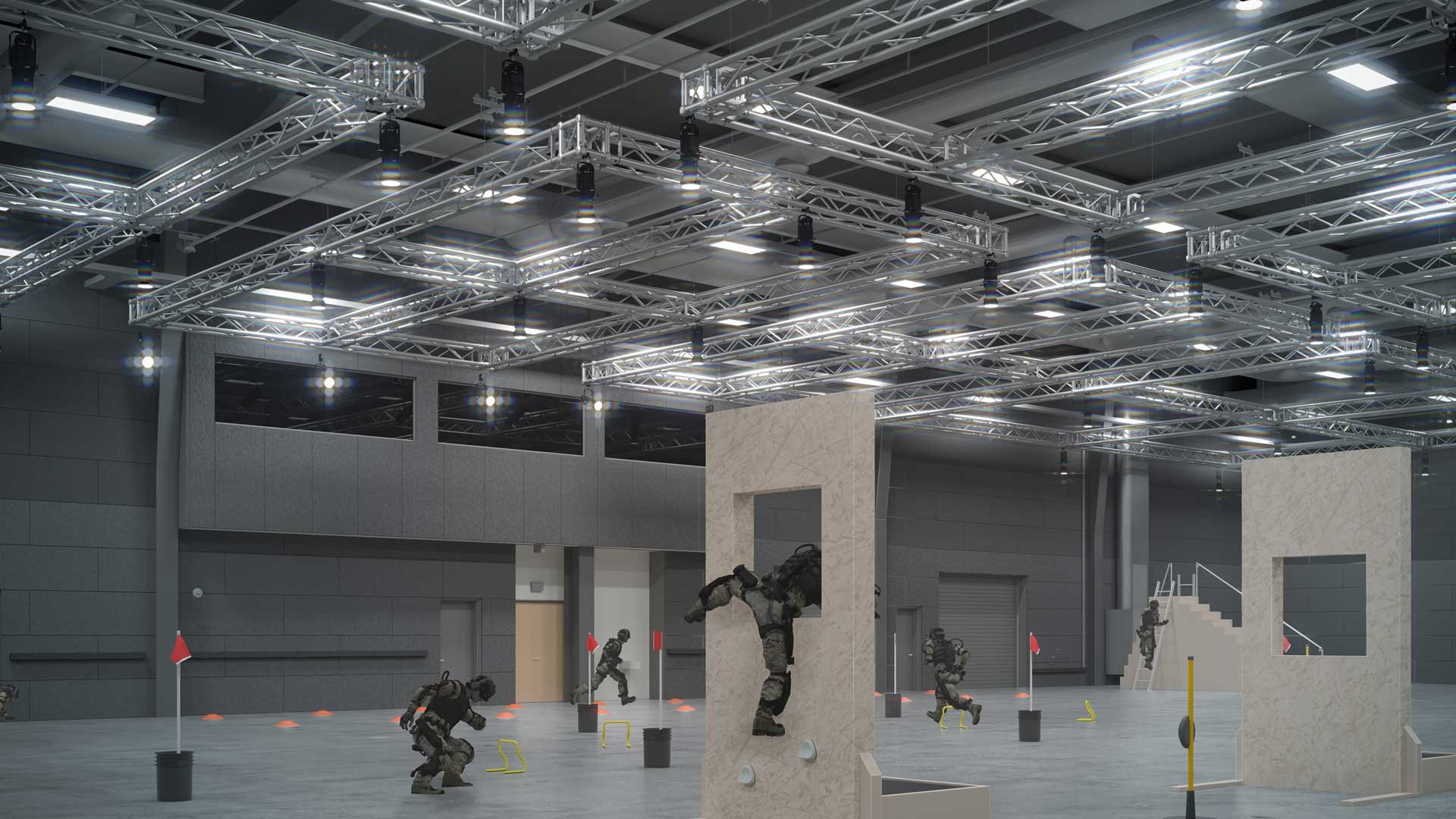 Rendering of soldiers jumping through obstacles at 2Sprint center