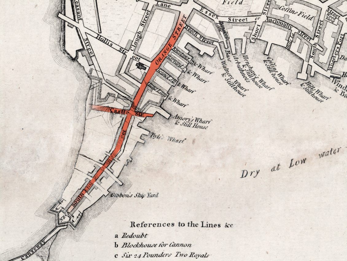 Map of entrance to Shawmut peninsula in old Boston