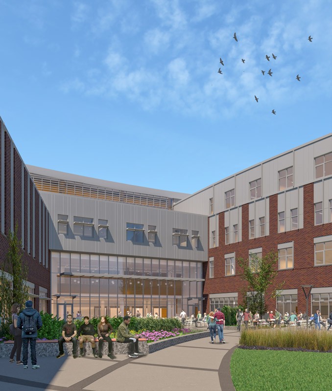 Artist impression of outdoor courtyard at newly designed Waltham High School