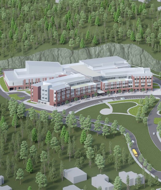 Rendering of Waltham High School in a forested landscape