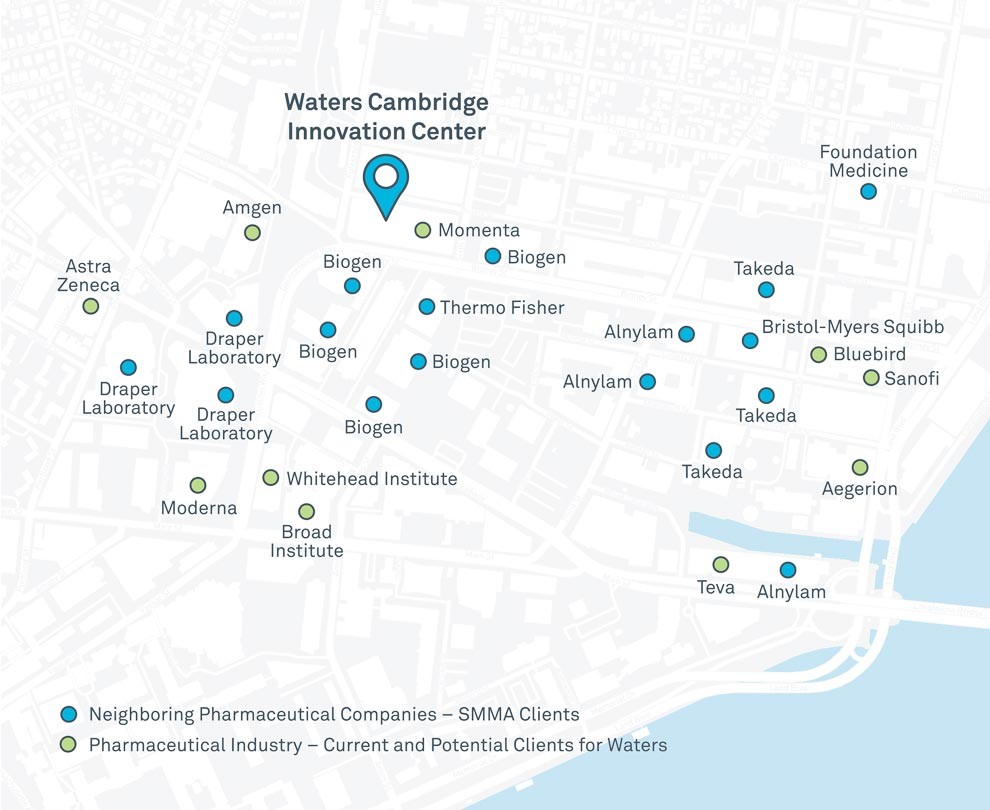 Map showing location of Waters Cambridge Immerse lab near other life science firms