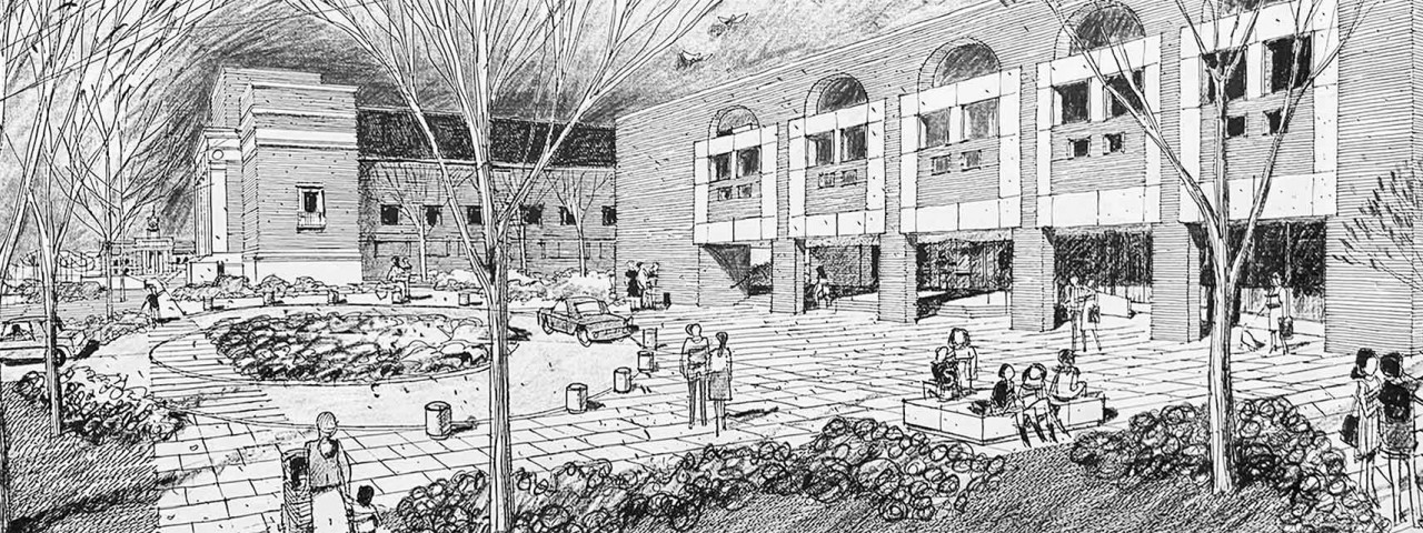Hand drawn sketch of school plaza designed by SMMA