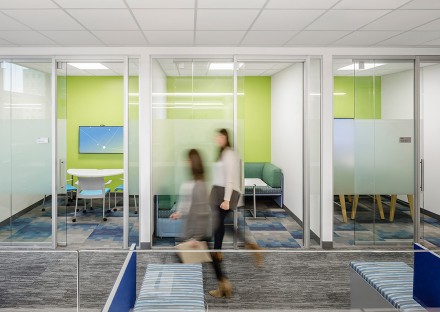 Breakout room with meeting room spaces in Biogen's Cambridge MA office