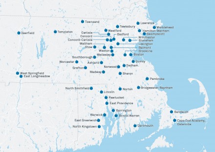 MAP OF MASSACHUSETTS AND RHODE ISLAND SHOWING LOCATIONS OF SMMA'S K-12 MASTER PLANS