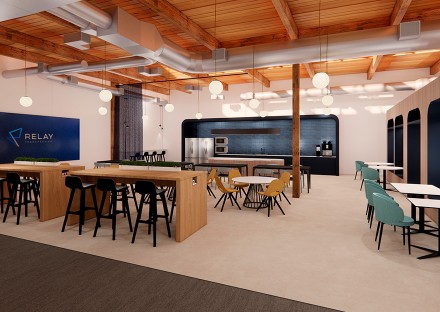 Design rendering of work cafe area in Relay Therapeutics new Cambridge office