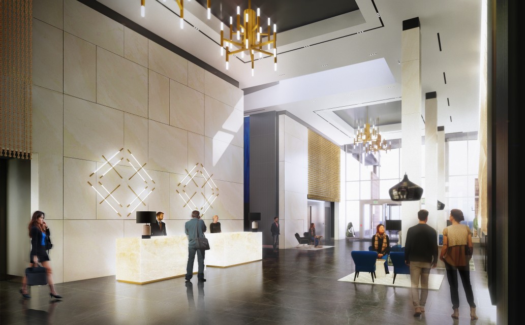 Lobby space designed by SMMA at 321 Harrison Avenue.