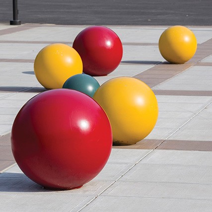 Multi colored balls artwork outside the entrance to Bancroft Elementary School 