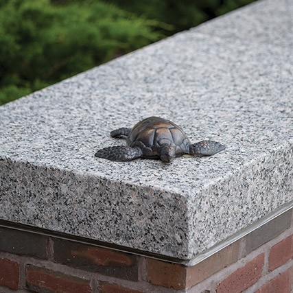 Small turtle sculpture on block at Bancroft Elementary School in Andover, MA