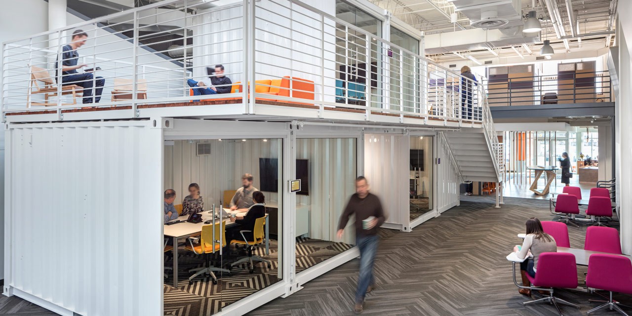 Shipping containers converted to office space in Norwood, Massachusetts