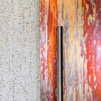 Colorful painted details on corporate interior design feature