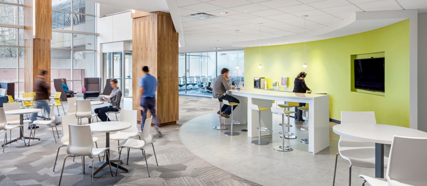 Cytiva employees collaborating in a break out area at the company's new HQ