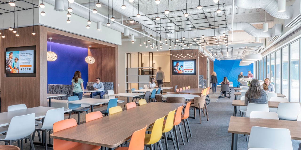 Collaborative work and dining area at new Olympus Massachusetts headquarters